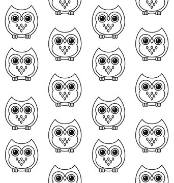Vector seamless pattern of flat outline owl isolated on white background 