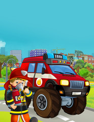 cartoon scene with fireman vehicle on the road - illustration for children