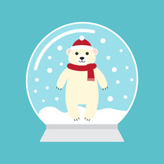Vector flat cartoon snowball with polar bear isolated on blue background 