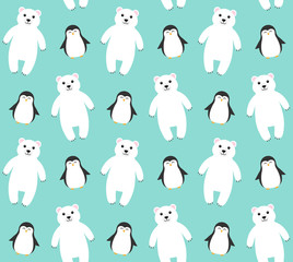 Vector seamless pattern of flat cartoon polar bear and penguin isolated on mint blue background