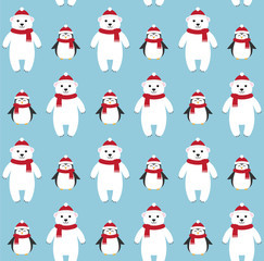 Vector seamless pattern of flat cartoon polar bear and penguin in hat and scarf isolated on blue background