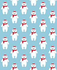 Vector seamless pattern of flat cartoon white polar bear in hat and scarf standing isolated on blue background