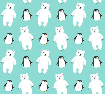 Vector seamless pattern of flat cartoon polar bear and penguin isolated on mint blue background