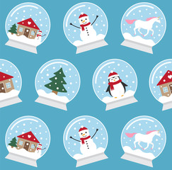 Vector seamless pattern of different flat cartoon snowball isolated on blue background