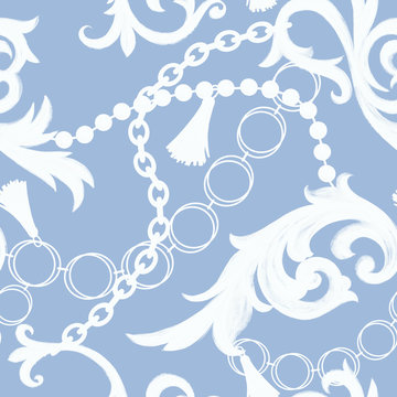 Fashion seamless pattern with chains. Fabric design background with chain, accessories, Jewelry and Baroque elements. Trendy illustration for textile, prints, wallpapers, wrapping.