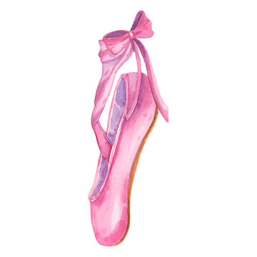 Watercolor illustration of gently pink pointe shoes. Suitable for cards, invitations to the day of women, decor, posters.
