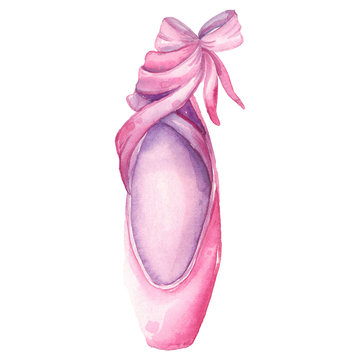 Watercolor illustration of gently pink pointe shoes. Suitable for cards, invitations to the day of women, decor, posters.