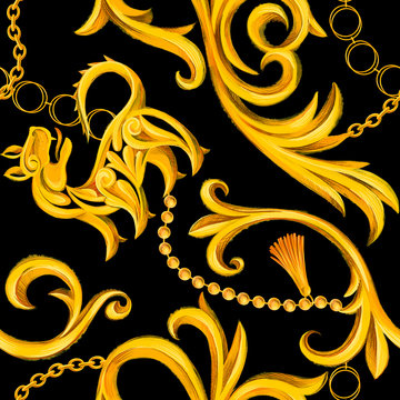 Luxury seamless pattern with golden lion and Baroque elements. Chain, border, accessories and jewelry. Victorian, Rococo, Baroque style background. © Galakam