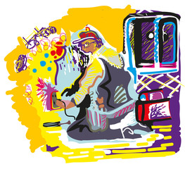 illustration of electrician doing repairs in electrical housing box. colorful illustration of Man doing electrical repairs at home