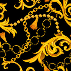 Fashion seamless pattern with golden chains. Fabric design background with chain, accessories, Jewelry and Baroque elements. Trendy Luxury illustration for textile, prints, wallpapers, wrapping.