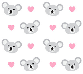 Vector  seamless pattern of flat cartoon koala face and hearts isolated on white background