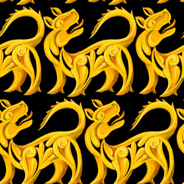 Baroque pattern. Animal seamless background with golden lions. Nature wildlife ornament. Vintage style print.