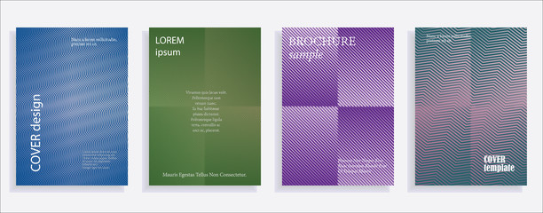 Minimalistic cover design templates. Set of layouts for covers of books, albums, notebooks, reports, magazines. Line halftone gradient effect, flat modern abstract design. Geometric mock-up texture