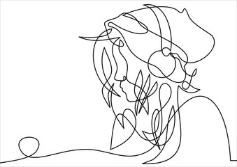 continuous single drawn one line. girl woman listens to music with headphones
