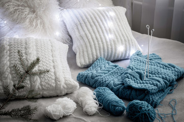 Fototapeta na wymiar Blue and white knitting set