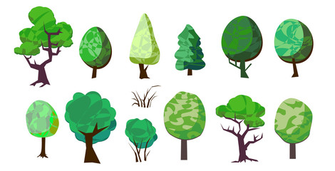 Set of trees. Vector. Summer trees in cartoons flat style. Isolated objects on a white background.