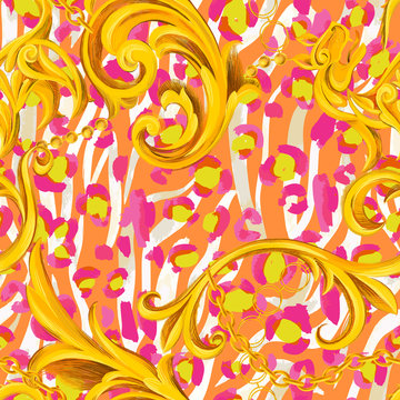 Seamless pattern with golden Baroque elements and watercolor striped zebra leopard artistic animal skin. Chain, border, accessories and jewelry. Victorian, Rococo, Baroque style background.