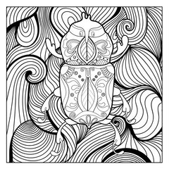 Pattern for coloring book. Coloring for adults and children. Natural elements, patterns. Antistress, art therapy. Black and white image of a beetle.