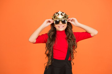 Kid wear sunglasses and crown. Event and entertainment. Luxurious celebration. Party celebration. Celebrate as real queen. Royal celebration. Queen of parties. Carnival party. Masquerade concept