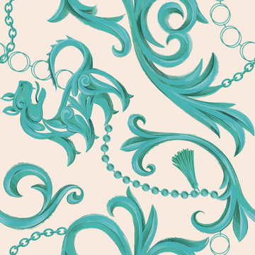 Vintage seamless pattern with heraldic lion and Baroque elements. Chain, border, accessories and jewelry. Victorian, Rococo, Baroque style background.