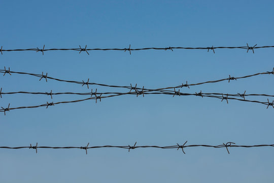 Barbed wire. Clear blue sky as background. Protection, security concept.