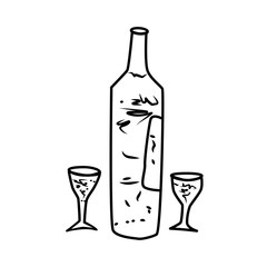 Wine bottle line icon isolated on white background. Alcohol drink symbol or logo. Glass bottle and two wine glass. Black and white drawing sketch. Hand drawn design. Stock vector illustration.