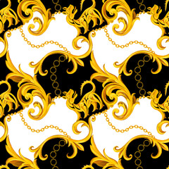 Fashion seamless pattern with golden chains. Fabric design background with chain, accessories, Jewelry and Baroque elements. Trendy Luxury illustration for textile, prints, wallpapers, wrapping.