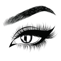  Fashion illustration of the eye with long full lashes. Hand drawn vector idea for business visit cards, templates, web, salon banners,brochures. Natural eyebrows and modern makeup