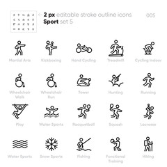 Sport and Activity outline vector icons. Kickboxing, Cycling, Wheelchair Walk, Run, Racquetball, Squash, Lacrosse, Hiking.
