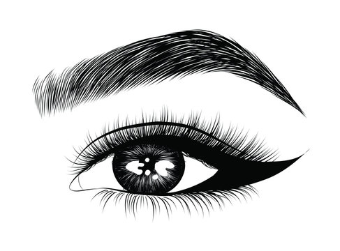  Fashion illustration of the eye with long full lashes. Hand drawn vector idea for business visit cards, templates, web, salon banners,brochures. Natural eyebrows and modern makeup