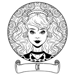 Ox Chinese zodiac sign artwork as beautiful girl, adult coloring book page, vector illustration