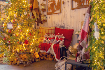 Christmas  home,cozy, comfort, winter mood, Christmas tree decorated with Christmas decor, fireplace, cozy house