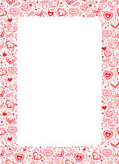 Vector white background with hand drawn creative hearts and flowers in folk style. Romantic frame.