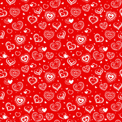 Romantic seamless pattern with cute hand drawn hearts with flowers and leaves. Pattern design for valentines day.