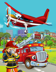 Plakat cartoon scene with fireman vehicle on the road - illustration for children
