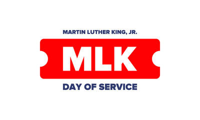 MLK day of service. Honor of Martin Luther King, Jr. Celebrated annual in United States in January, federal holiday. African American Rights Fighter. Patriotic american elements. Vector poster