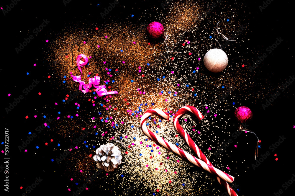 Poster christmas background with confetti and golden sparkles. blurred effect. concept for festive backgrou