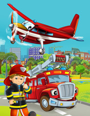 Fototapeta na wymiar cartoon scene with fireman vehicle on the road - illustration for children