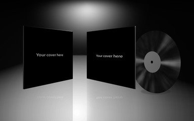 Mockup of blank vinyl record sleeve and cover on glossy surface with reflection. Soft white light scene with black background. Black and white