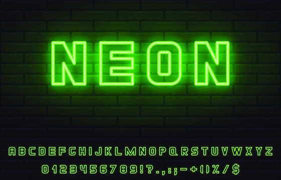 Set of bold green neon font. Letters, numerals, signs, icons with transparent glow for web design and advertising