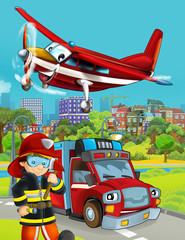 Obraz na płótnie Canvas cartoon scene with fireman vehicle on the road - illustration for children