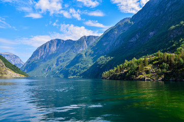 Fototapeta na wymiar View of the Sognefjord from the pier of Gudvangen. Norway, Europe.