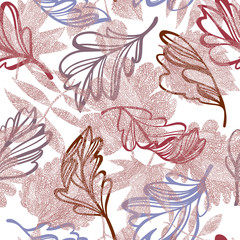 Floral botanical background. Seamless pattern made of autumn leaves, twigs and branches. Leaf illustration with collage graphic ornate knitting net texture. Textile and fabric design.
