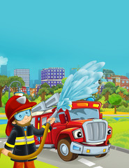 Naklejka premium cartoon scene with fireman vehicle on the road - illustration for children