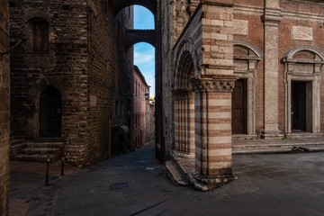 Arcades and sights of the old city. Stairs of the old city of Perugia. Umbria Italy.