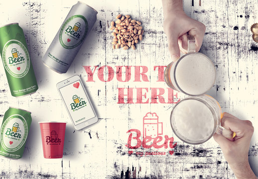 Beer Cans on Rustic Wooden Background Mockup
