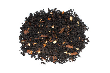 Dry leaves of black fruit tea with cinnamon and orange. Isolate on a white background.