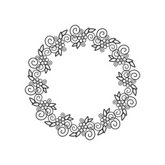 Round frame of flowers on a white background.