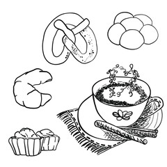 Cup with coffee and different baked goods.