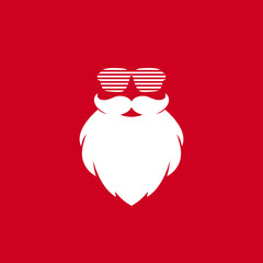 Party Santa poster. Claus face silhouette with beard and hipster disco glasses on red background.